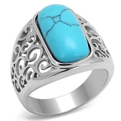 Fashnzfab High Polished (no Plating) Stainless Steel Ring With Synthetic Turquoise In Sea Blue In Multi