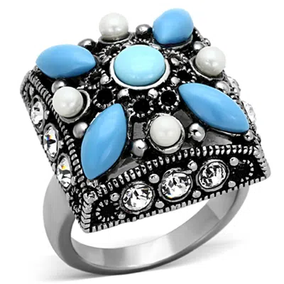 Fashnzfab High Polished (no Plating) Stainless Steel Ring With Synthetic Turquoise In Sea Blue In Orange