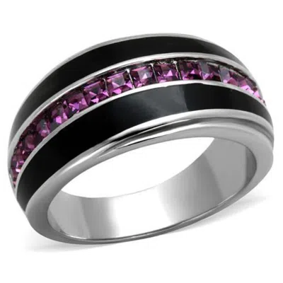 Fashnzfab High Polished (no Plating) Stainless Steel Ring With Top Grade Crystal In Amethyst In Multi
