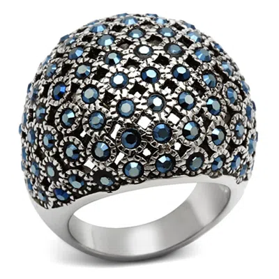 Fashnzfab High Polished (no Plating) Stainless Steel Ring With Top Grade Crystal In Aquamarine Ab In Blue