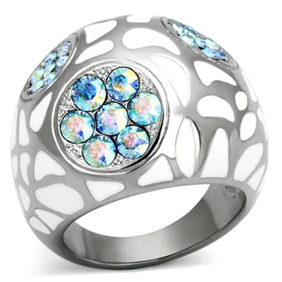 Fashnzfab High Polished (no Plating) Stainless Steel Ring With Top Grade Crystal In Aquamarine Ab In Pink