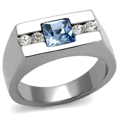Fashnzfab High Polished (no Plating) Stainless Steel Ring With Top Grade Crystal In Aquamarine In Silver