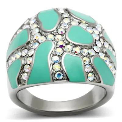 Fashnzfab High Polished (no Plating) Stainless Steel Ring With Top Grade Crystal In Aurora Borealis (rainbow E In Green