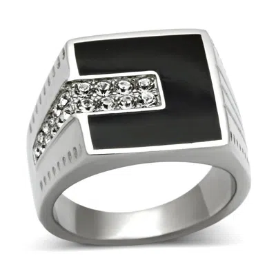 Fashnzfab High Polished (no Plating) Stainless Steel Ring With Top Grade Crystal In Clear In Black