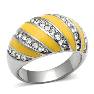Fashnzfab High Polished (no Plating) Stainless Steel Ring With Top Grade Crystal In Clear In Gold