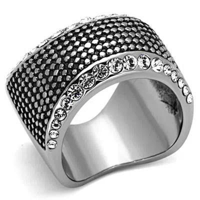 Fashnzfab High Polished (no Plating) Stainless Steel Ring With Top Grade Crystal In Clear In Metallic