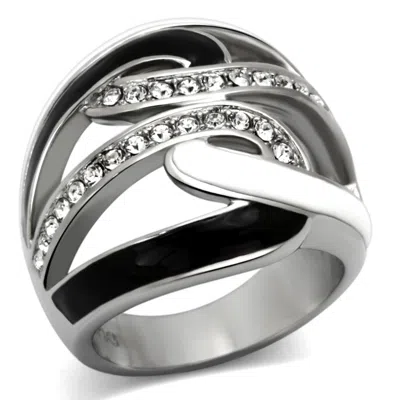 Fashnzfab High Polished (no Plating) Stainless Steel Ring With Top Grade Crystal In Clear In Metallic