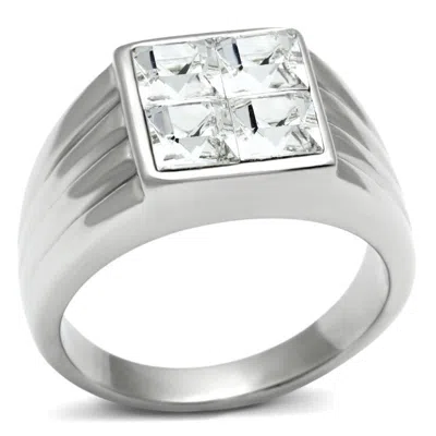 Fashnzfab High Polished (no Plating) Stainless Steel Ring With Top Grade Crystal In Clear In Metallic