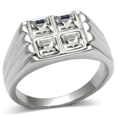 Fashnzfab High Polished (no Plating) Stainless Steel Ring With Top Grade Crystal In Clear In Metallic