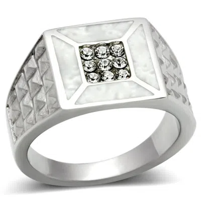 Fashnzfab High Polished (no Plating) Stainless Steel Ring With Top Grade Crystal In Clear In Metallic