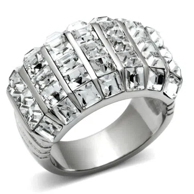 Fashnzfab High Polished (no Plating) Stainless Steel Ring With Top Grade Crystal In Clear In Metallic