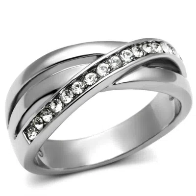 Fashnzfab High Polished (no Plating) Stainless Steel Ring With Top Grade Crystal In Clear In Metallic