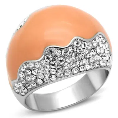 Fashnzfab High Polished (no Plating) Stainless Steel Ring With Top Grade Crystal In Clear In Metallic