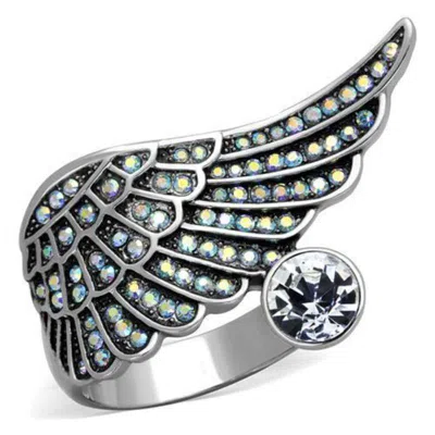 Fashnzfab High Polished (no Plating) Stainless Steel Ring With Top Grade Crystal In Clear In Metallic