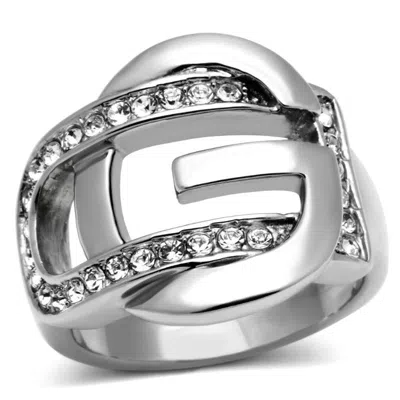 Fashnzfab High Polished (no Plating) Stainless Steel Ring With Top Grade Crystal In Clear In Metallic
