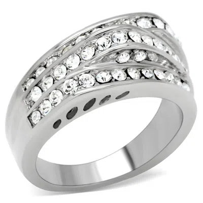 Fashnzfab High Polished (no Plating) Stainless Steel Ring With Top Grade Crystal In Clear In Metallic