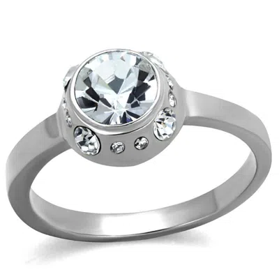 Fashnzfab High Polished (no Plating) Stainless Steel Ring With Top Grade Crystal In Clear In Metallic