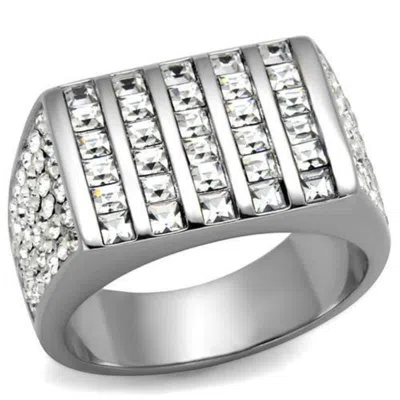 Fashnzfab High Polished (no Plating) Stainless Steel Ring With Top Grade Crystal In Clear In Metallic