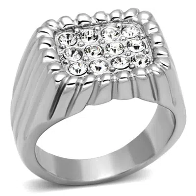 Fashnzfab High Polished (no Plating) Stainless Steel Ring With Top Grade Crystal In Clear In Metallic