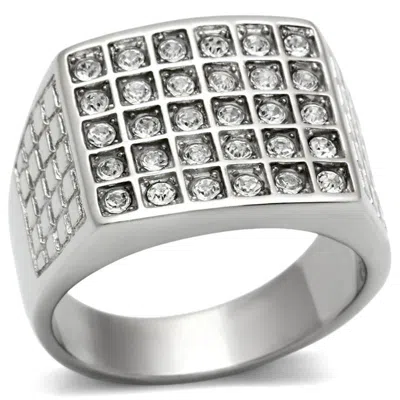 Fashnzfab High Polished (no Plating) Stainless Steel Ring With Top Grade Crystal In Clear In Metallic