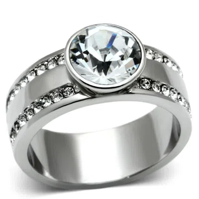Fashnzfab High Polished (no Plating) Stainless Steel Ring With Top Grade Crystal In Clear In Silver