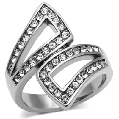 Fashnzfab High Polished (no Plating) Stainless Steel Ring With Top Grade Crystal In Clear In Metallic