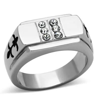 Fashnzfab High Polished (no Plating) Stainless Steel Ring With Top Grade Crystal In Clear In Silver