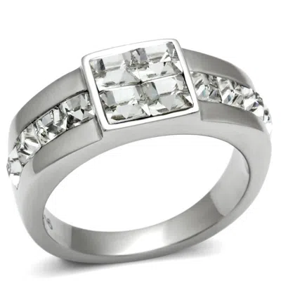 Fashnzfab High Polished (no Plating) Stainless Steel Ring With Top Grade Crystal In Clear In Silver