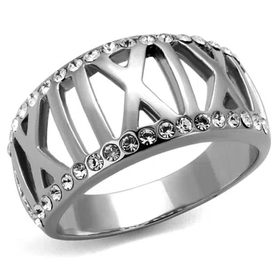 Fashnzfab High Polished (no Plating) Stainless Steel Ring With Top Grade Crystal In Clear In Silver