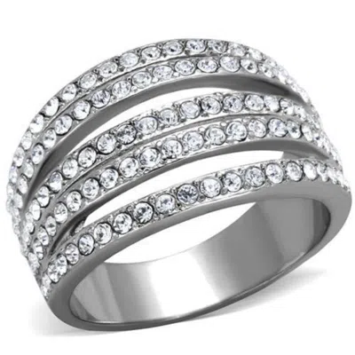 Fashnzfab High Polished (no Plating) Stainless Steel Ring With Top Grade Crystal In Clear In Silver