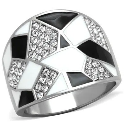 Fashnzfab High Polished (no Plating) Stainless Steel Ring With Top Grade Crystal In Clear In Silver