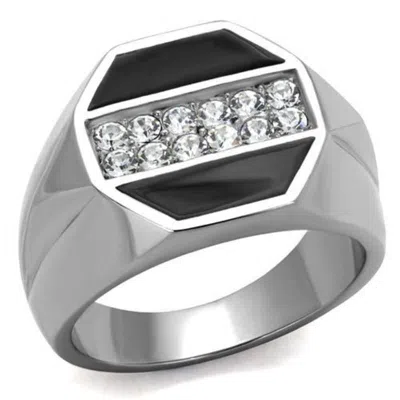 Fashnzfab High Polished (no Plating) Stainless Steel Ring With Top Grade Crystal In Clear In Silver