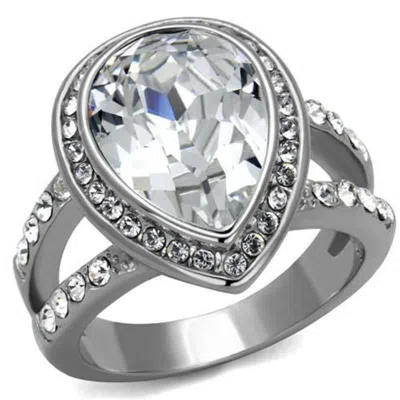 Fashnzfab High Polished (no Plating) Stainless Steel Ring With Top Grade Crystal In Clear In Silver