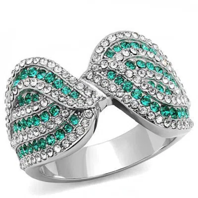 Fashnzfab High Polished (no Plating) Stainless Steel Ring With Top Grade Crystal In Emerald In Multi