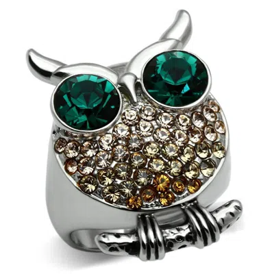 Fashnzfab High Polished (no Plating) Stainless Steel Ring With Top Grade Crystal In Emerald In Silver