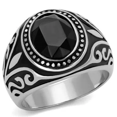 Fashnzfab High Polished (no Plating) Stainless Steel Ring With Top Grade Crystal In Jet In Black
