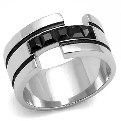 Fashnzfab High Polished (no Plating) Stainless Steel Ring With Top Grade Crystal In Jet In Multi