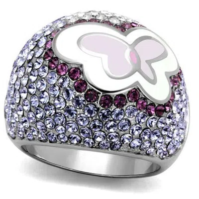 Fashnzfab High Polished (no Plating) Stainless Steel Ring With Top Grade Crystal In Multi Color In Metallic
