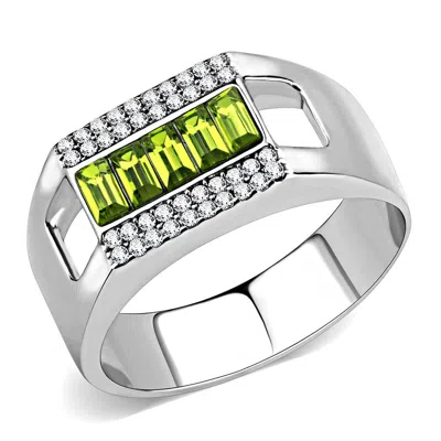 Fashnzfab High Polished (no Plating) Stainless Steel Ring With Top Grade Crystal In Olivine Color In Metallic