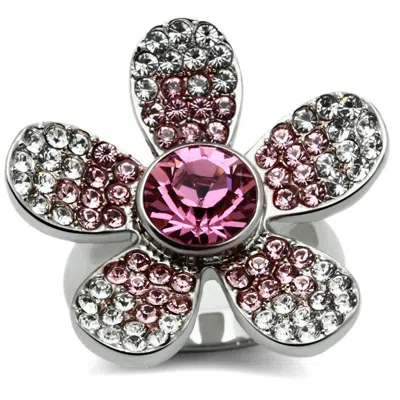 Fashnzfab High Polished (no Plating) Stainless Steel Ring With Top Grade Crystal In Rose In Silver
