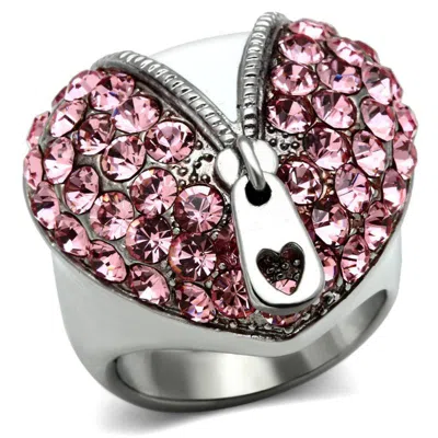 Fashnzfab High Polished (no Plating) Stainless Steel Ring With Top Grade Crystal In Rose In Silver