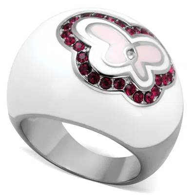 Fashnzfab High Polished (no Plating) Stainless Steel Ring With Top Grade Crystal In Ruby In Metallic