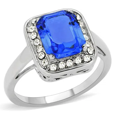 Fashnzfab High Polished (no Plating) Stainless Steel Ring With Top Grade Crystal In Sapphire In Metallic