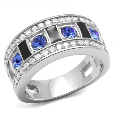Fashnzfab High Polished (no Plating) Stainless Steel Ring With Top Grade Crystal In Sapphire In Multi