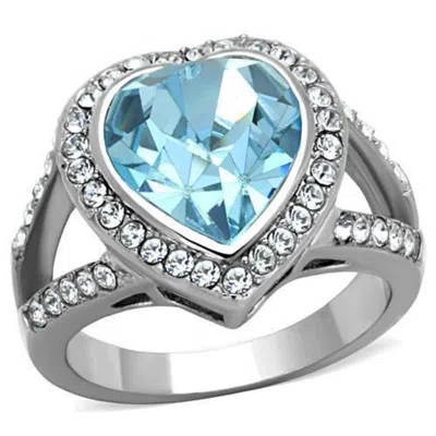 Fashnzfab High Polished (no Plating) Stainless Steel Ring With Top Grade Crystal In Sea Blue In Metallic