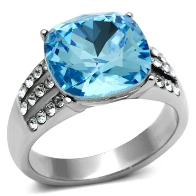 Fashnzfab High Polished (no Plating) Stainless Steel Ring With Top Grade Crystal In Sea Blue In Metallic