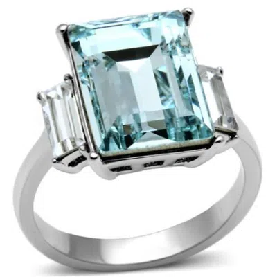 Fashnzfab High Polished (no Plating) Stainless Steel Ring With Top Grade Crystal In Sea Blue In Metallic