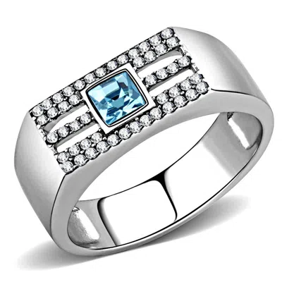 Fashnzfab High Polished (no Plating) Stainless Steel Ring With Top Grade Crystal In Sea Blue In Metallic