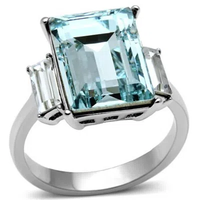 Fashnzfab High Polished (no Plating) Stainless Steel Ring With Top Grade Crystal In Sea Blue In Metallic
