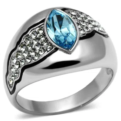 Fashnzfab High Polished (no Plating) Stainless Steel Ring With Top Grade Crystal In Sea Blue In Yellow